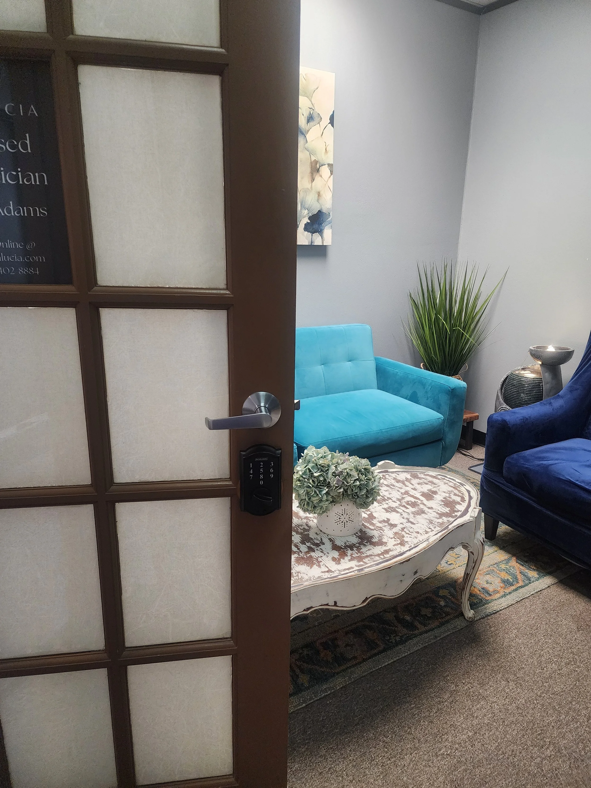 An office or waiting room visible through a partially open door, with a blue tufted sofa, a white ornate coffee table with a flower arrangement, a tall green plant, and abstract wall art.