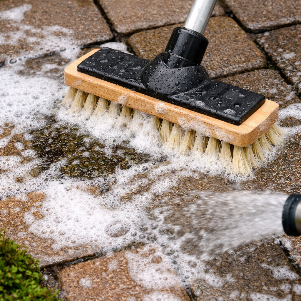 Scrubbing stone pavers with soapy foam