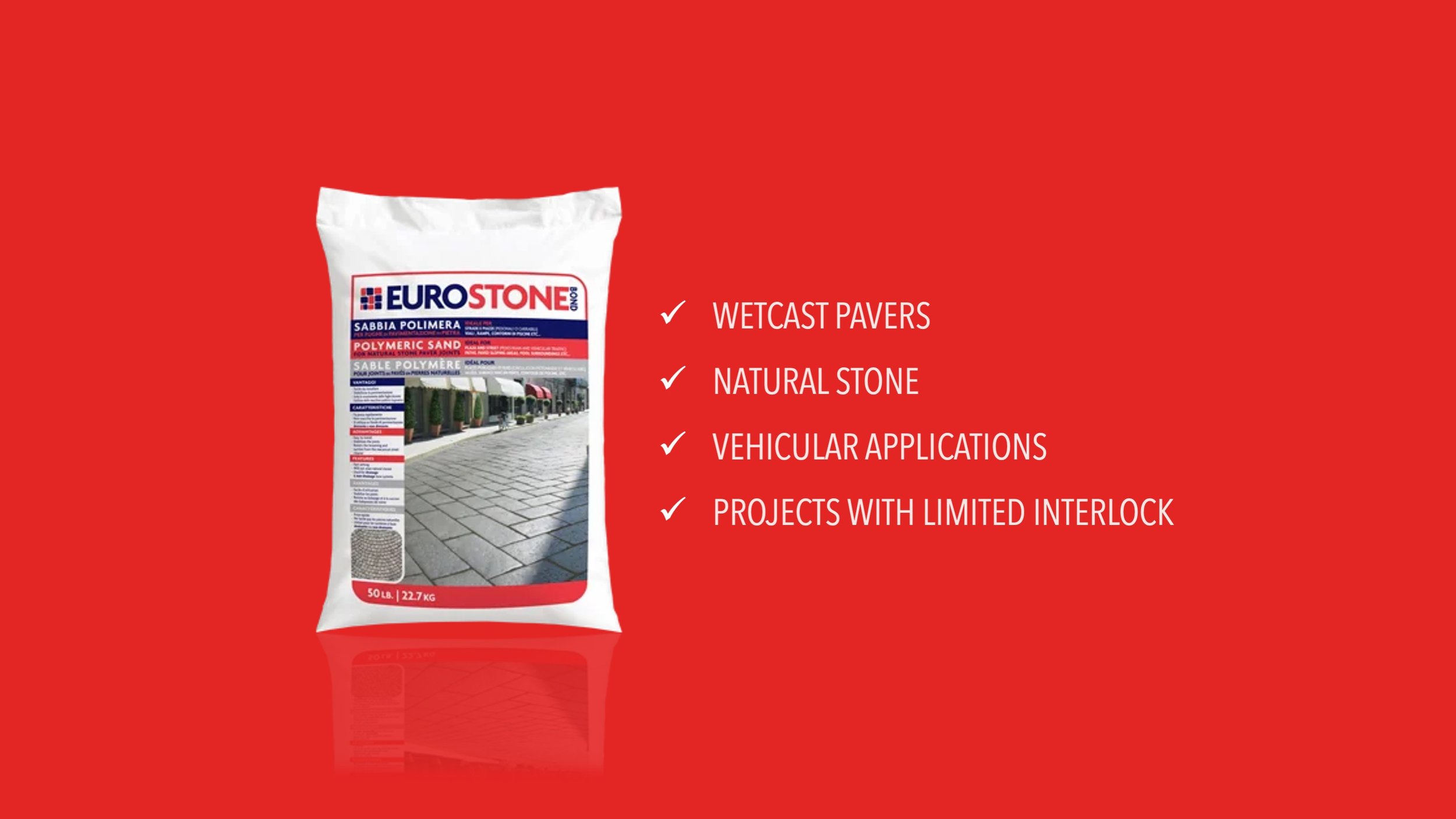 Infographic showing appropriate uses for Eurostone - wetcast, natural stone, some vehicular, and limited interlocl