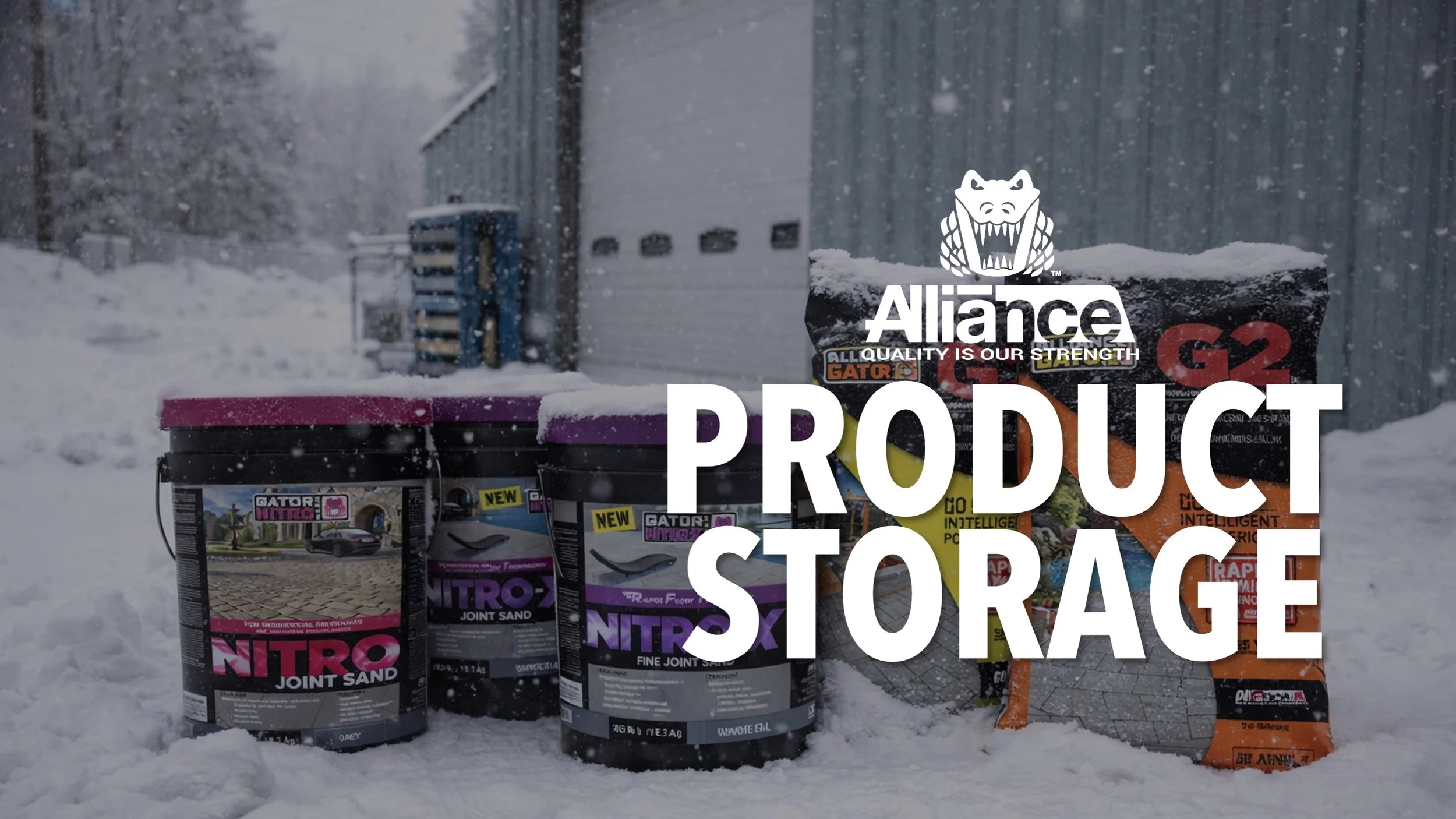 photo of Alliance Gator products in the snow with overlaid text -- Product Storage