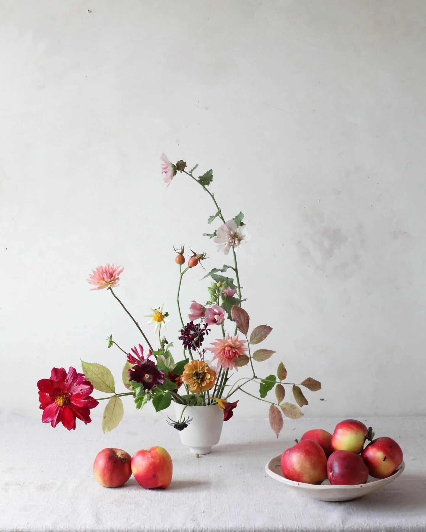 An October still life from the garden. 

Ingredients:
Apples
Dahlias
Alcae suffratescens 
Zinnia
Scabious
Rose hips
Elder leaves
Honeysuckle