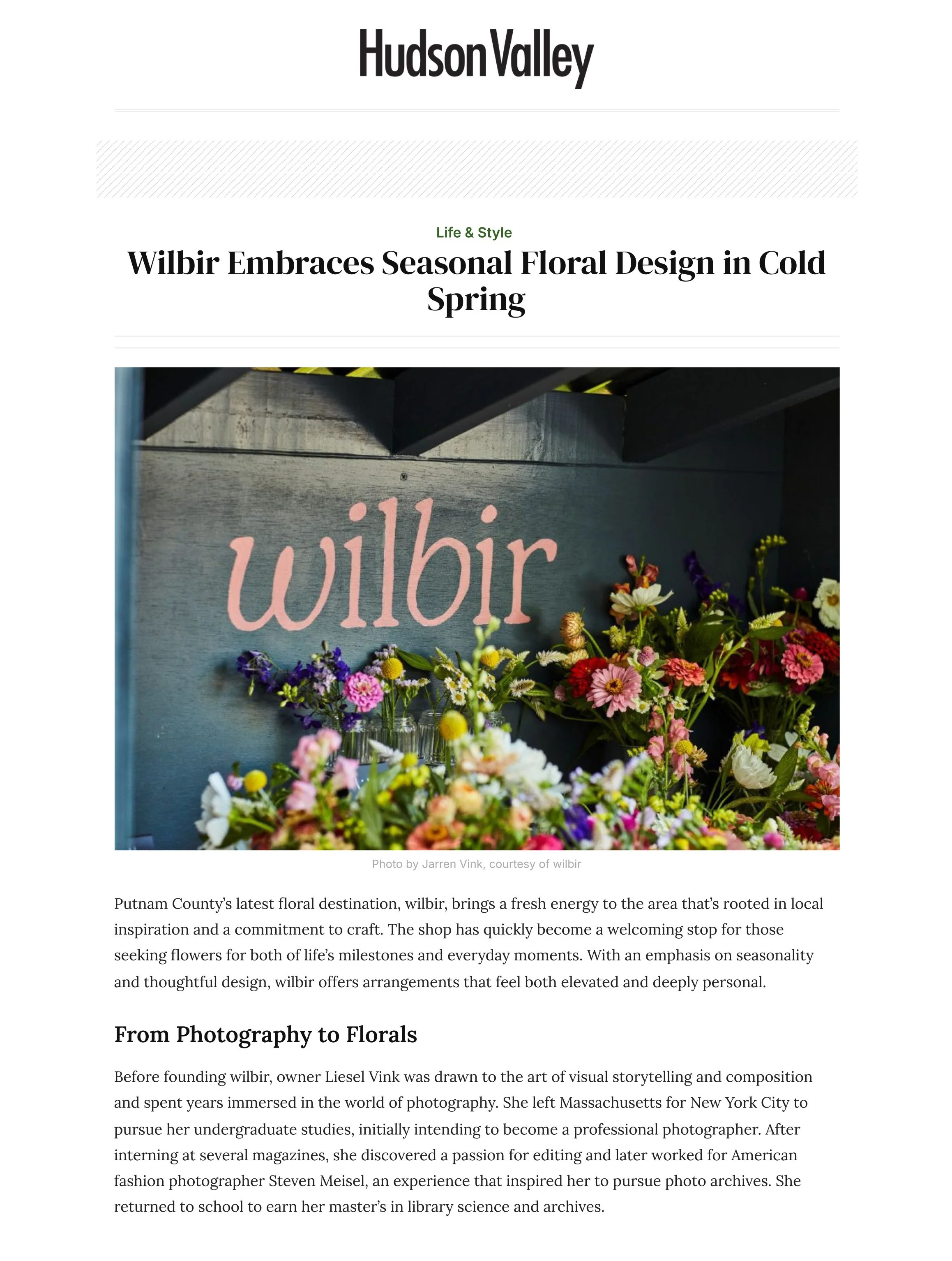 "Wilbir Embraces Seasonal Floral Design in Cold Spring", Hudson Valley Magazine February 26, 2026