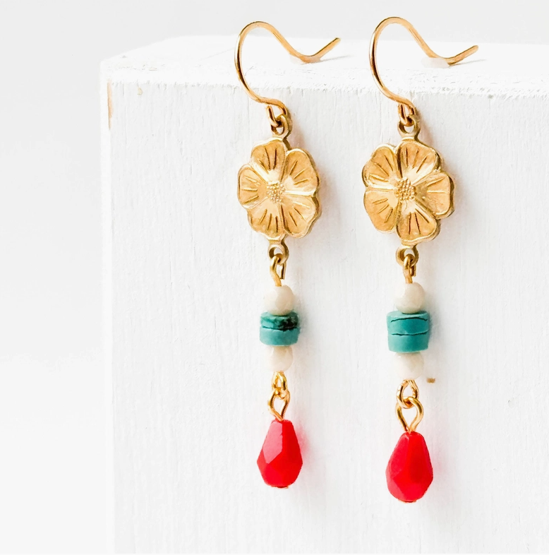 Flower Earrings with Turquoise Stone
