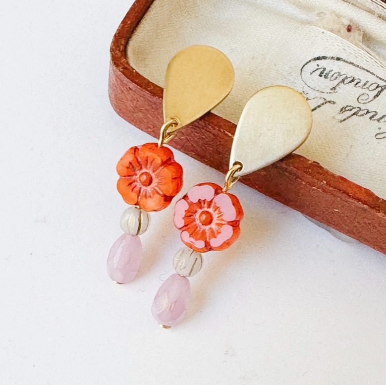 Flower Stud Earrings with Boho Charm