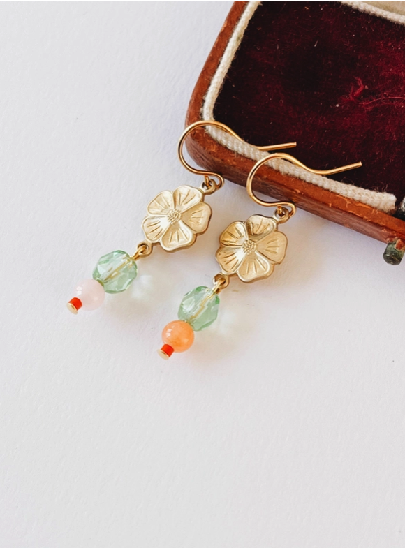 Flower Earrings with Coral and Rose Quartz Bead
