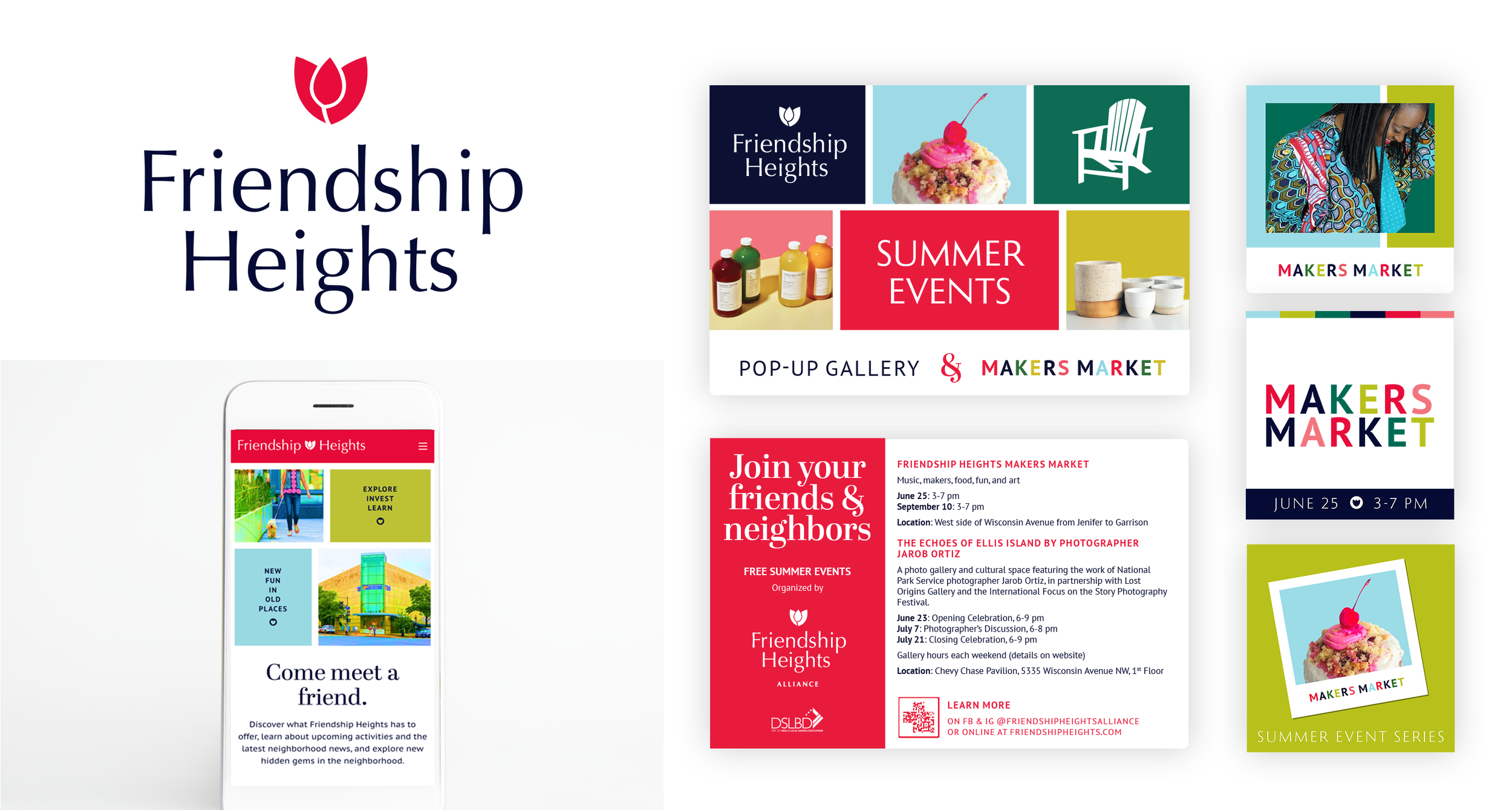 Friendship Heights Alliance: Logo Design, Website Design Direction, Summer Events Launch Postcard, Social Media Graphics, Business Plan, Place Branding & Signage