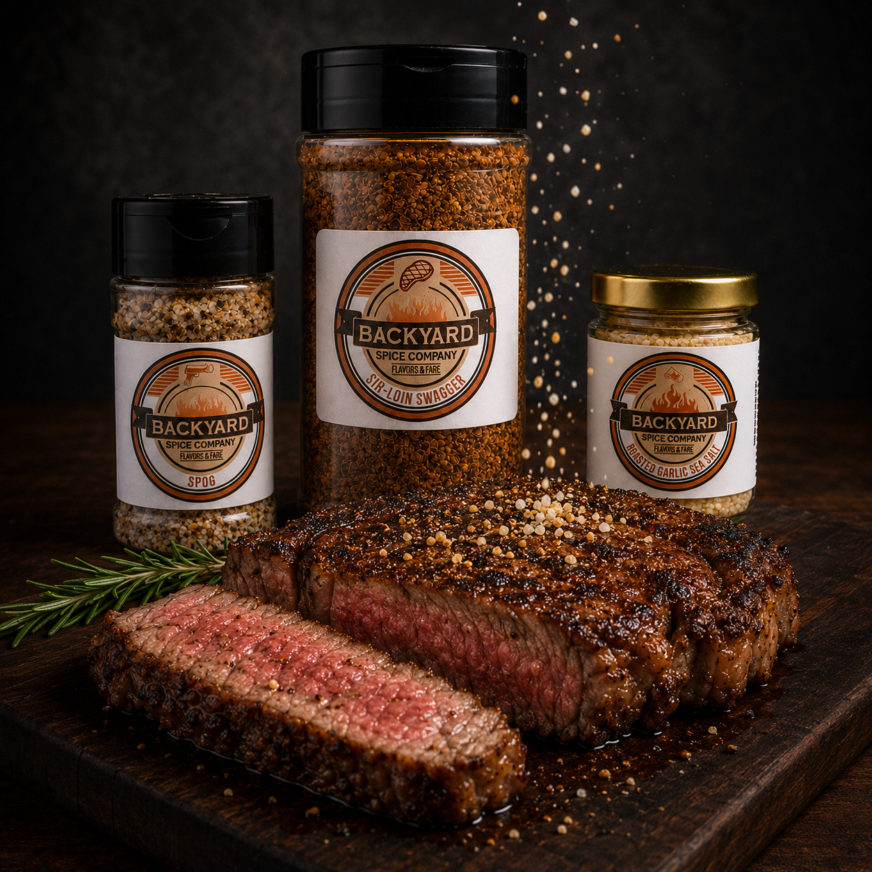 Steak seasoned with Steakhouse Swagger Bundle spices and Roasted Garlic Salt on dark cutting board