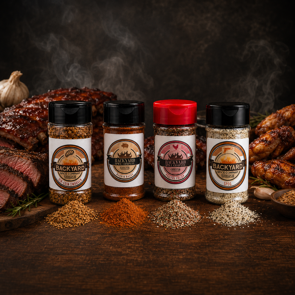 Backyard Bundle seasonings with steak, ribs, chicken, smoke,and dark butcher block grilling setup.png