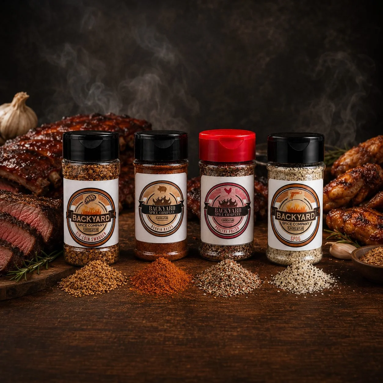 Backyard Bundle seasonings with steak, ribs, and chicken on a dark butcher block