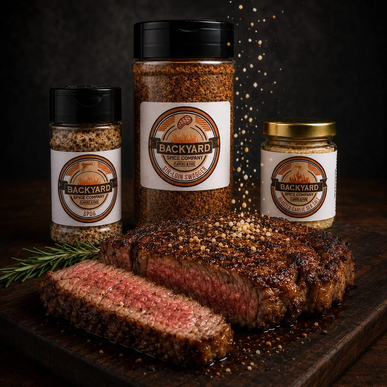 Steak seasoned with Steakhouse Swagger Bundle spices and Roasted Garlic Salt on dark cutting board