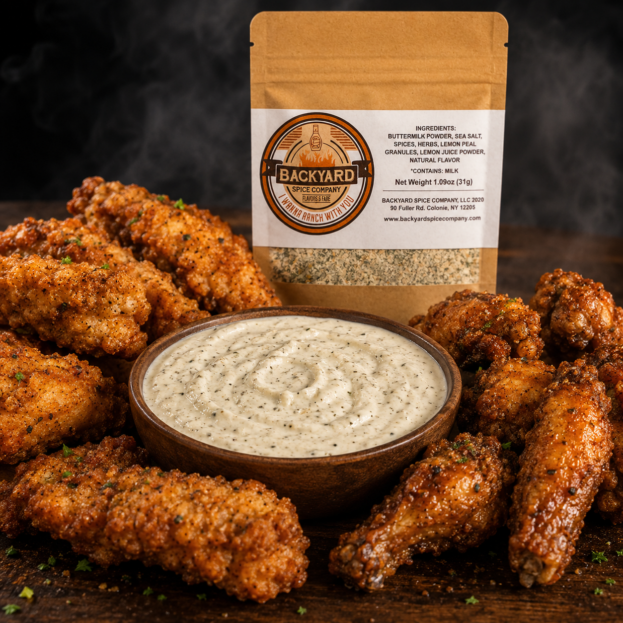 Crispy wings with I Wanna Ranch With You homemade ranch dip and seasoning packet