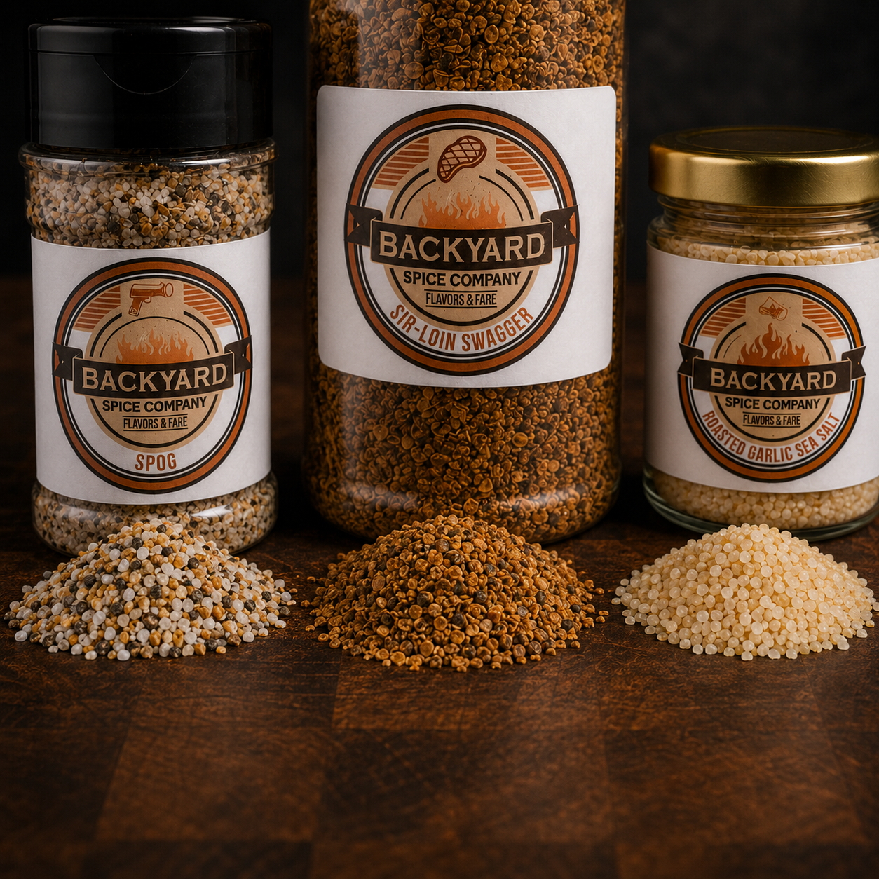 Close-up seasoning piles from Steakhouse Swagger Bundle with steak seasoning, SPOG, and roasted garlic salt
