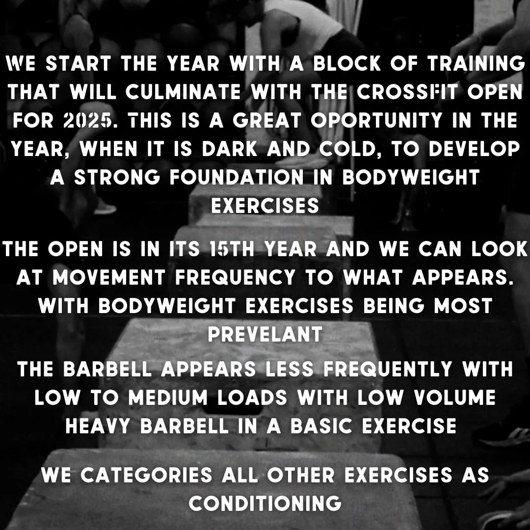 Our New Block of programming starts Monday 5th of Jan. building on 2025 successful 8 week CrossFit Open plan.

We're expecting some pretty awesome results based on last years numbers 👌