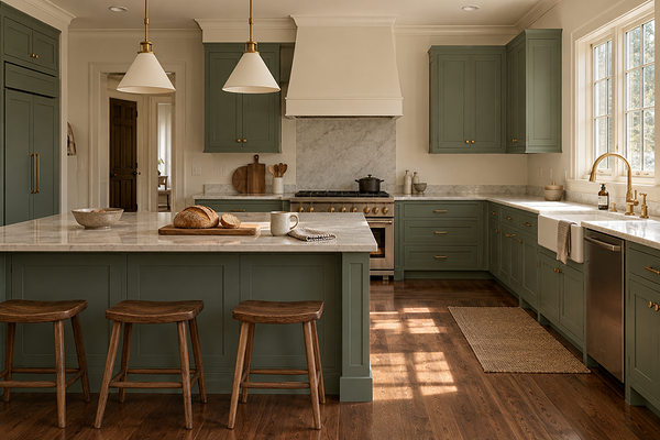 Kitchen with BM Webster Green on cabinets