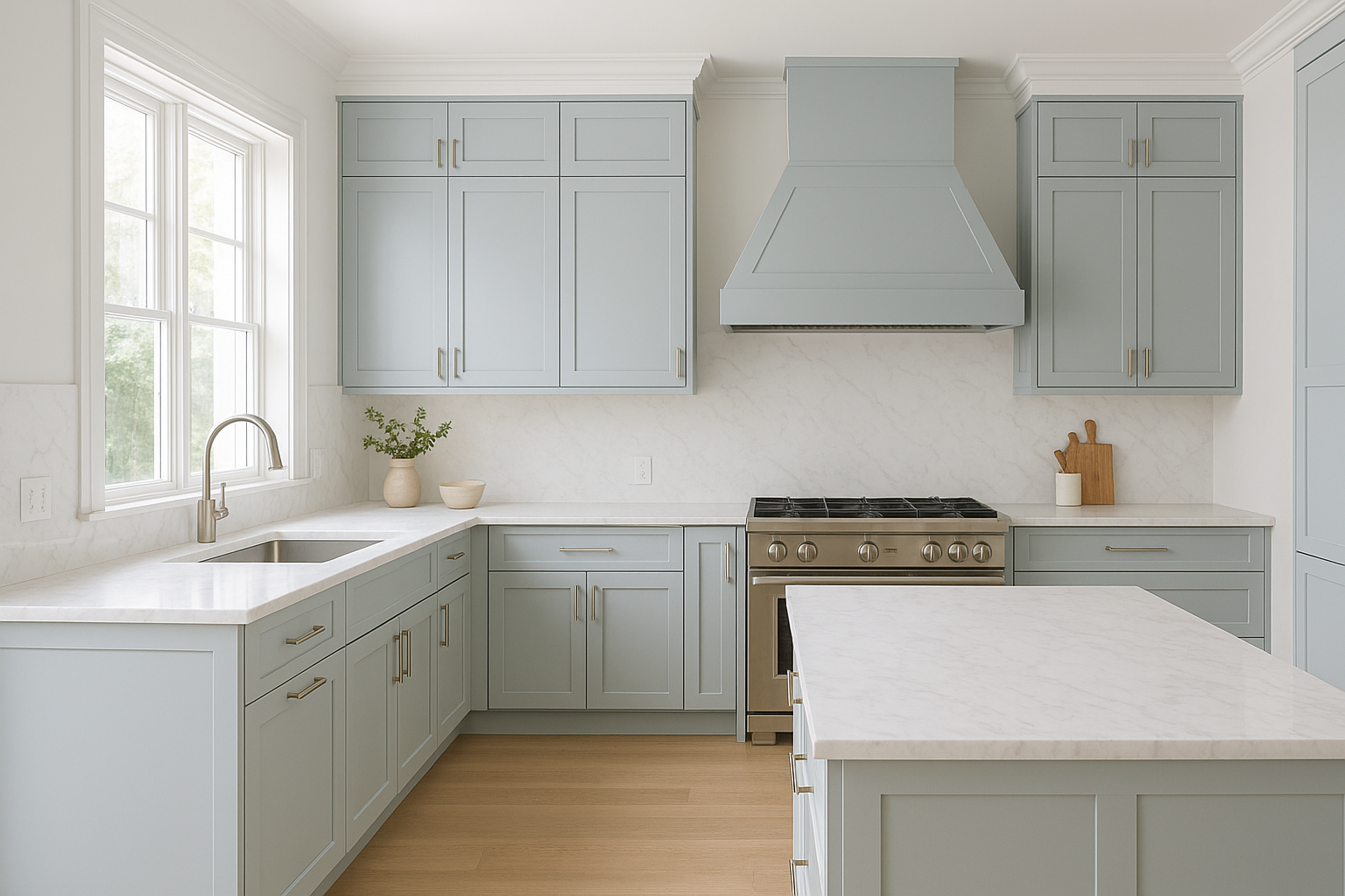 Kitchen cabinets painted in Sherwin-Williams Hinting Blue