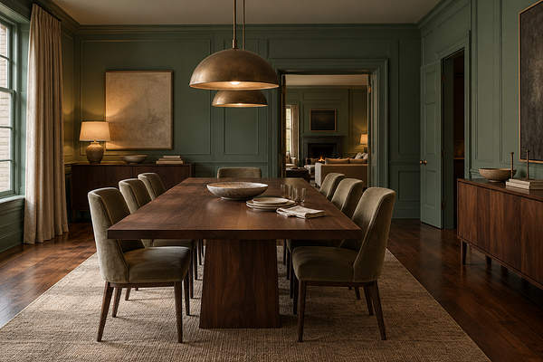Dining room with BM Webster Green on walls and trims