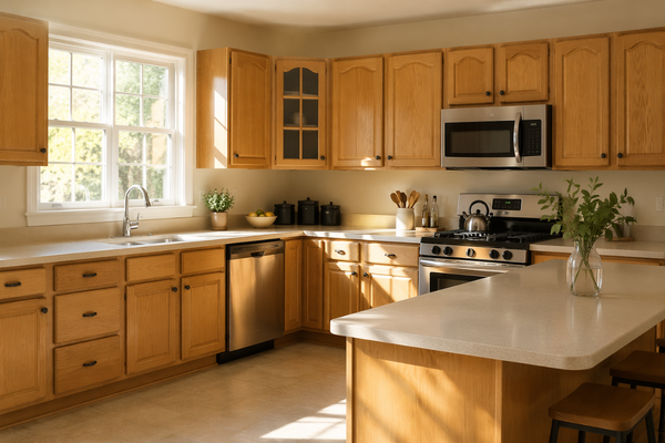 kitchen with honey cabinets and sw natural linen walls