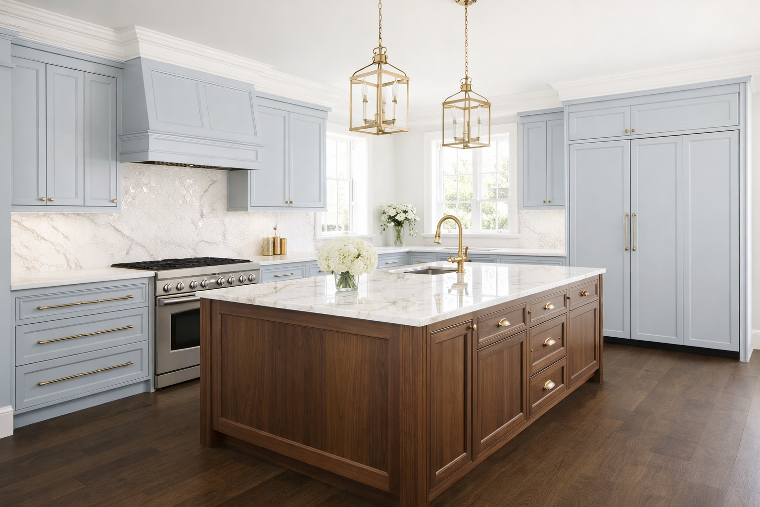 Modern kitchen with light blue cabinets, white marble countertops, a wooden island, and gold hardware. Sunlight streams through multiple windows, and pendant lights hang above the island. Decorations include a vase of white flowers and gold canisters.