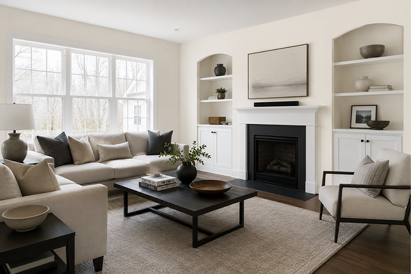 North-facing living room with SW Greek Villa on walls