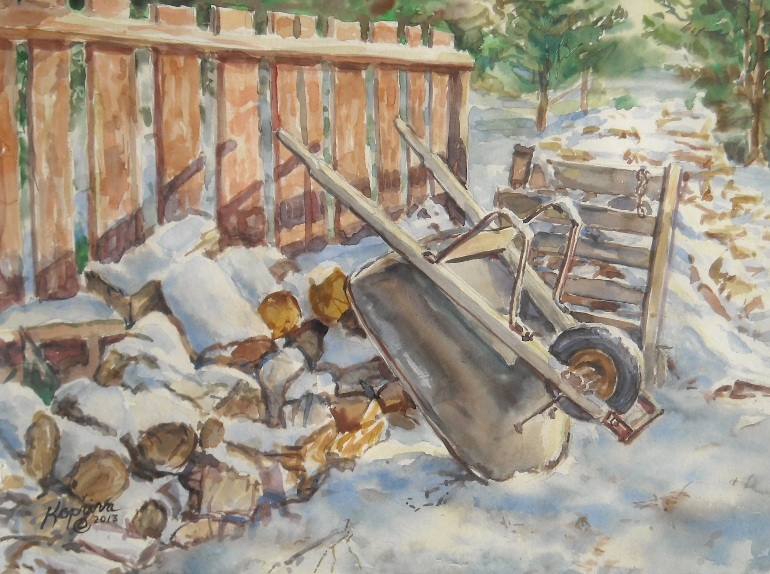 Wheel Barrow in the Snow 15"x22" watercolor
