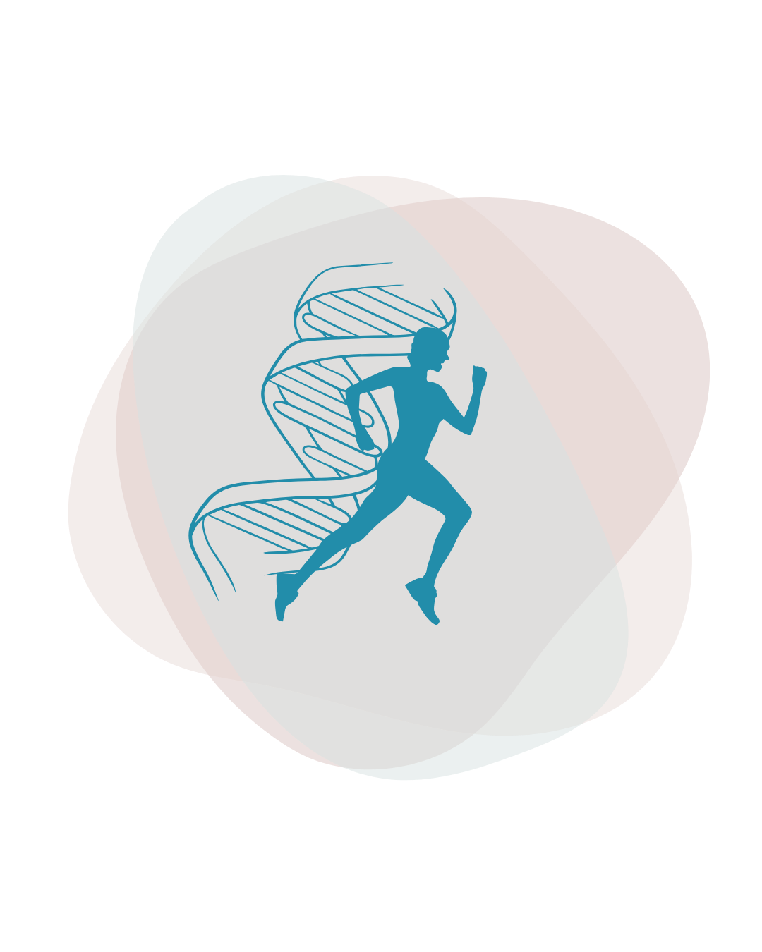 A graphic of a running woman with a DNA strand in the background, surrounded by abstract pastel-colored shapes.