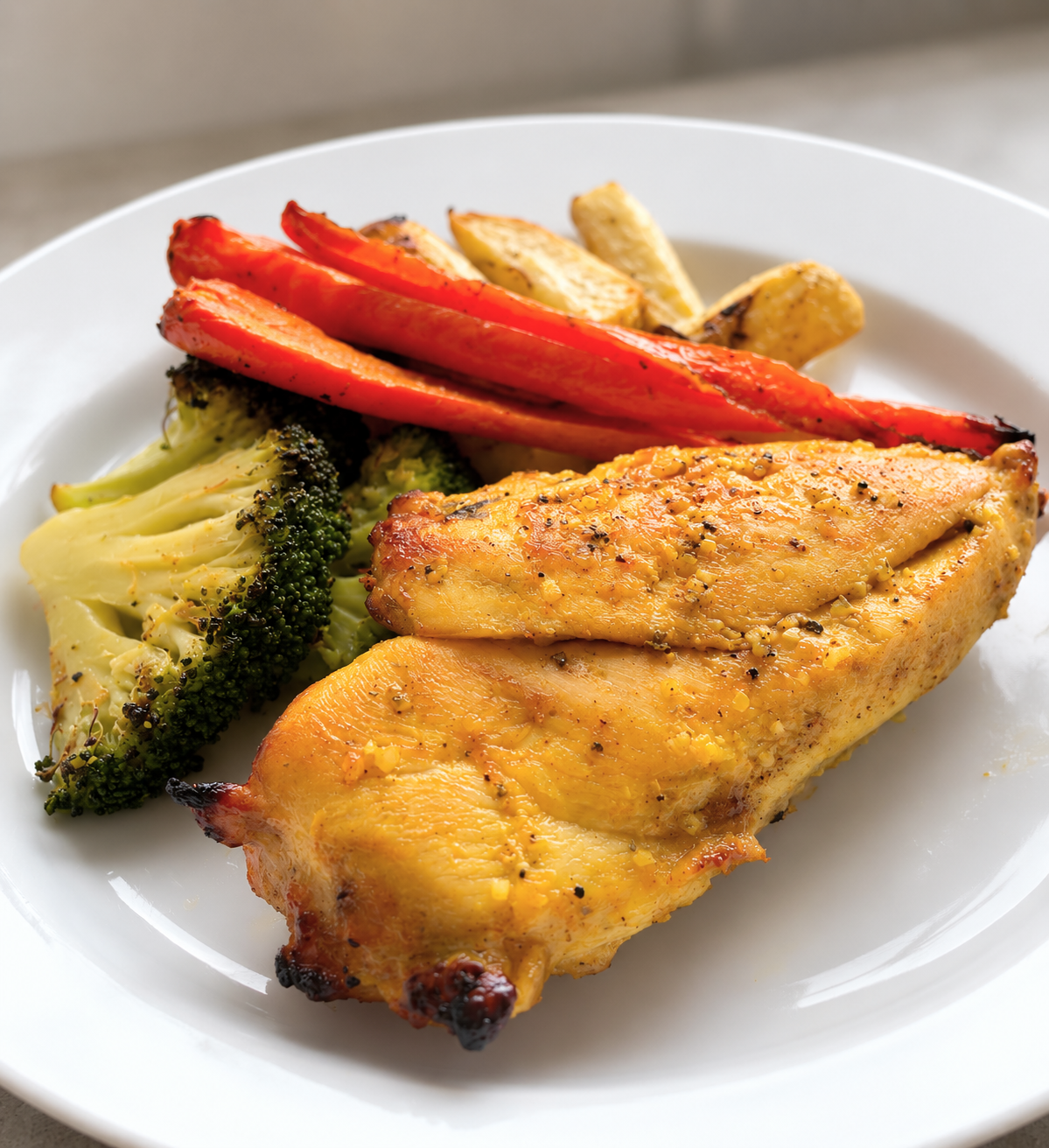 Turmeric Honey Glazed Chicken with roasted carrots, potatoes, and broccoli