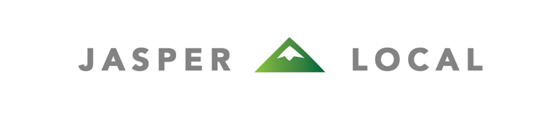 Logo with the words 'Jasper Local' and a mountain icon in between