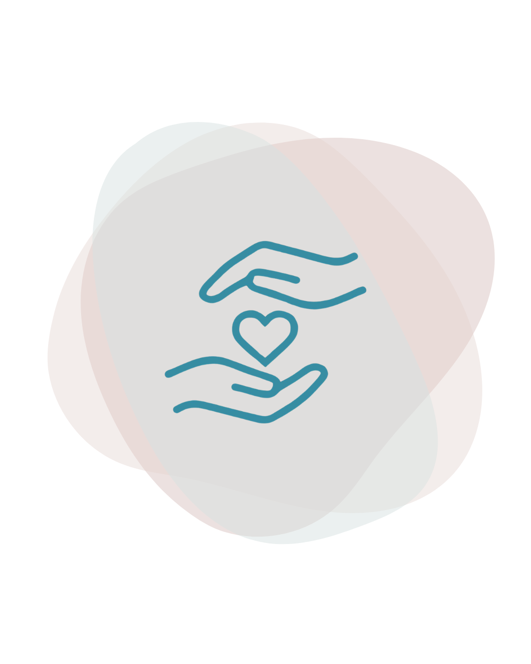 Line drawing of two hands surrounding a heart, set against overlapping abstract pastel-colored shapes.