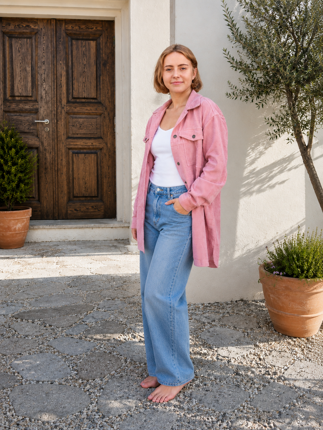 Rosa Cordjakke med Denimbukse.png