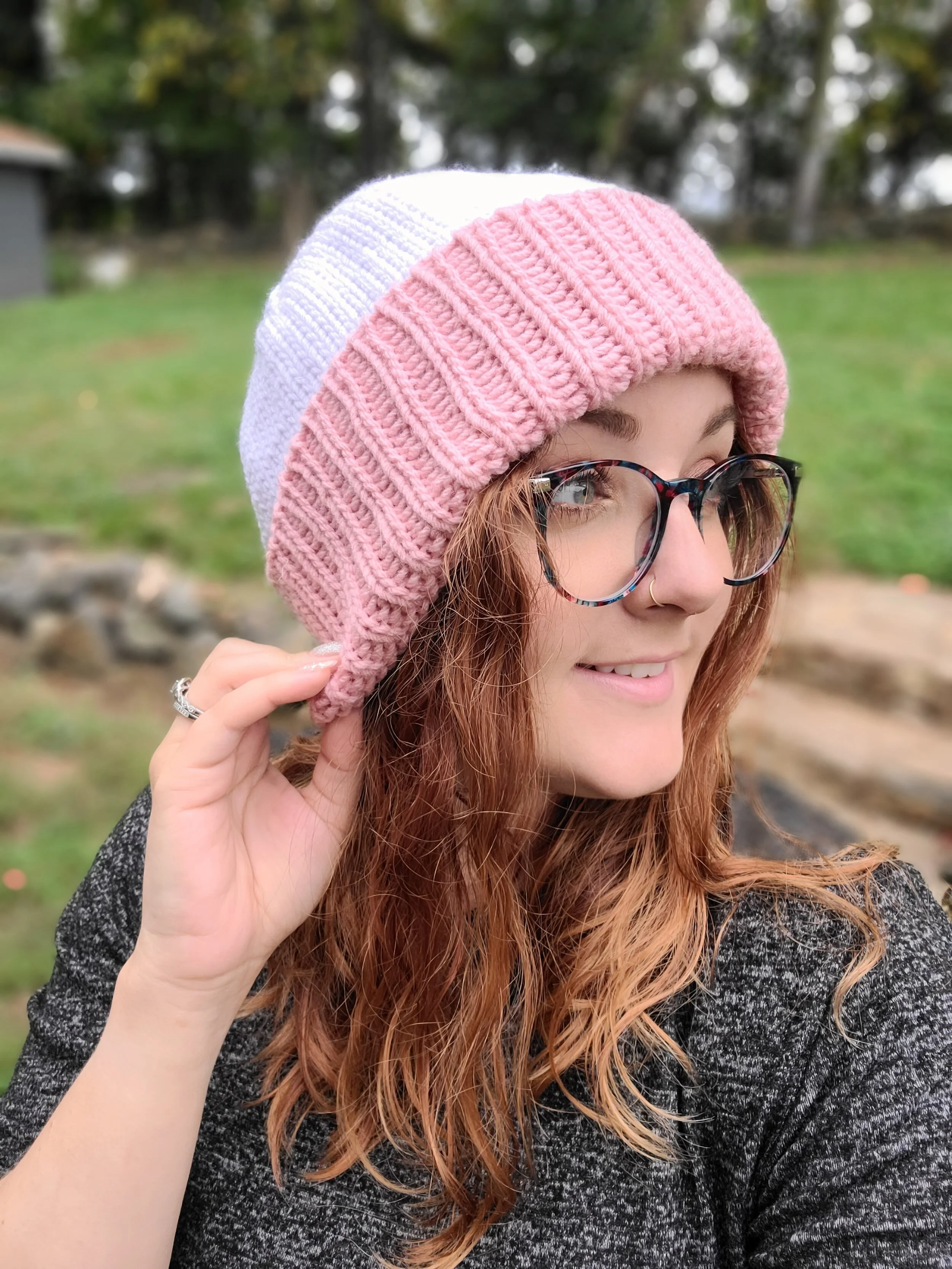Two-Toned Folded Brim Pink & White Slouchy Knit Beanie — The