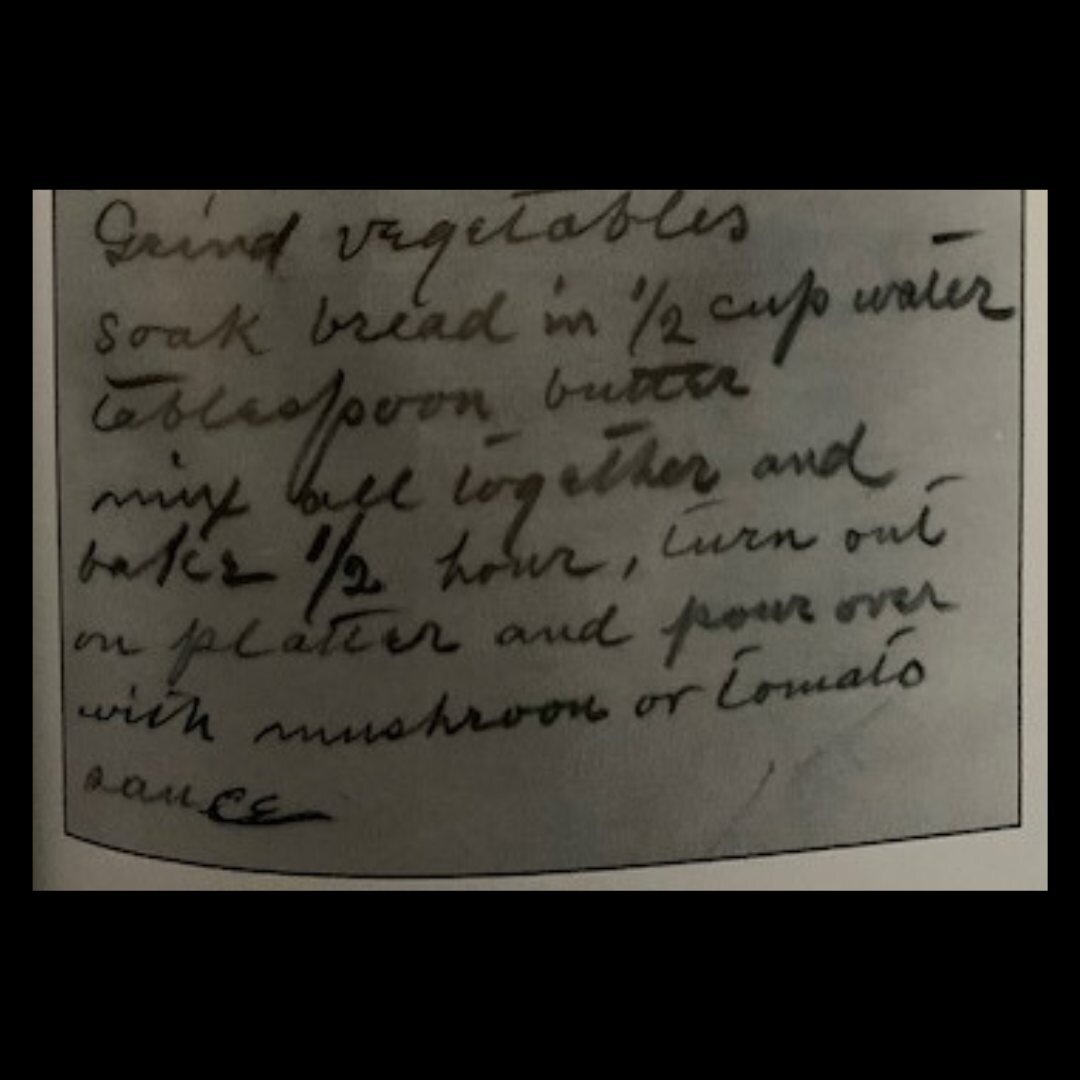 Clara cultivated her love for cooking by collecting recipes and cookbooks. One of Clara's favorite recipes was this ⬇️ Vegetable Roast.

Recipe:
1 large carrot
1/2 teaspoon sage
1 stalk celery
1 teaspoon salt
1 large potato
2 eggs
1/2 cup pecan &quot