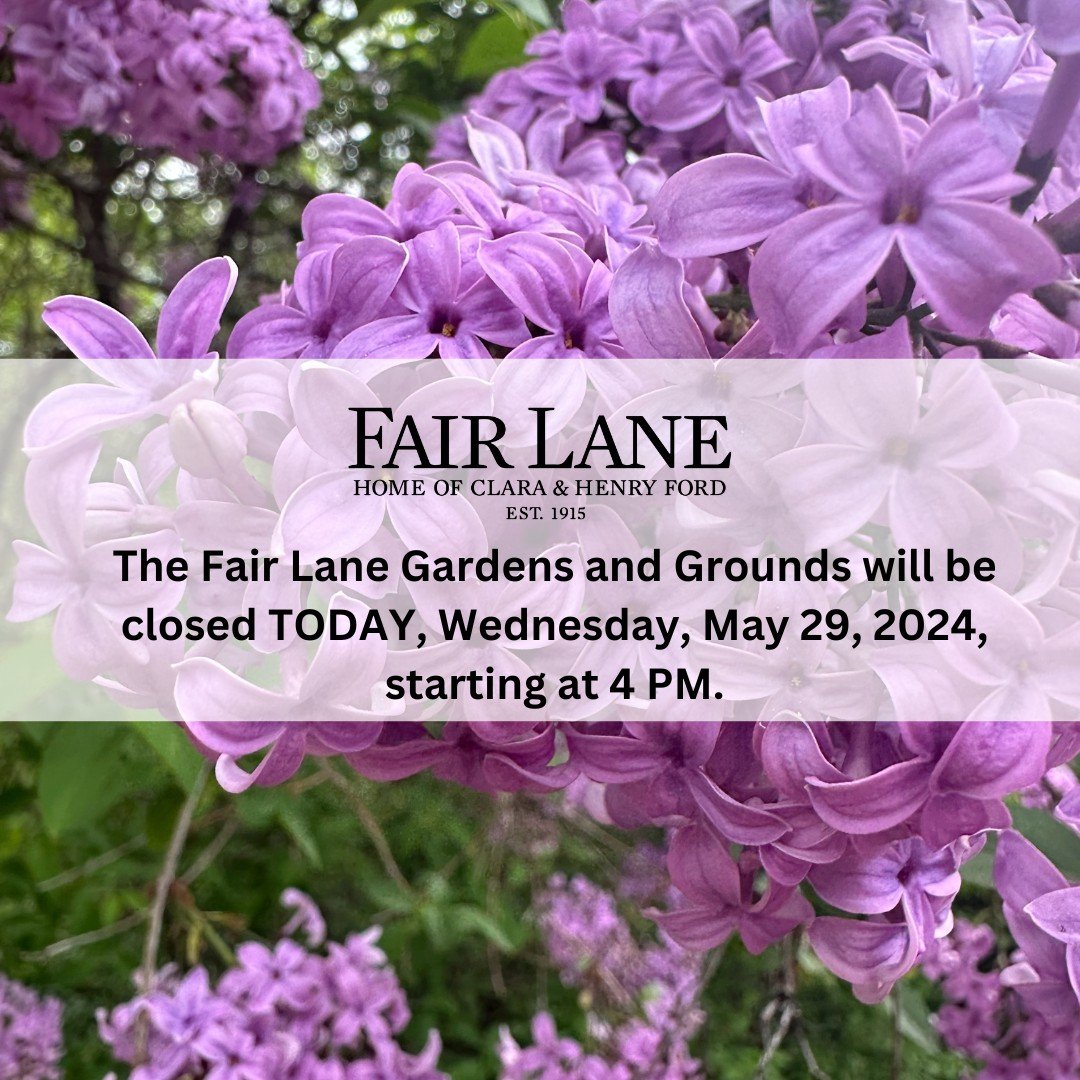 Friendly Reminder: The Fair Lane Gardens and Grounds will close TODAY at 4 PM.

We appreciate your patience.

#FairLane #Dearborn
