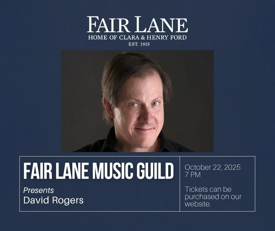 🎵SAVE THE DATE 🎵

Grammy-praised guitarist, David Rogers, will be at Fair Lane on October 22, 2025, for the first concert of the Fair Lane Music Guild 25/26 season! 

Buy your tickets today: https://henryfordfairlane.org/fair-lane-music-guild.

#Fa