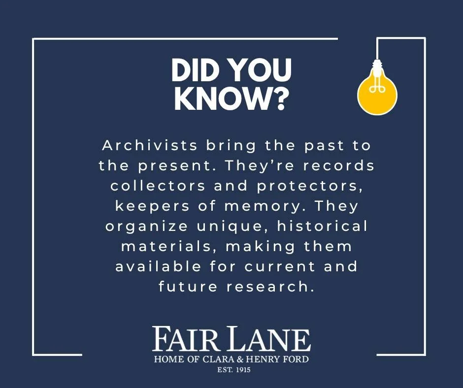 Archivists are keepers of memories, and boy, do we have some great memories of Henry and Clara Ford here at #FairLane! 

Stay tuned as we will share more from Katey, our Collections Manager and Archivist, later this month!

#AskAnArchivist #Dearborn 