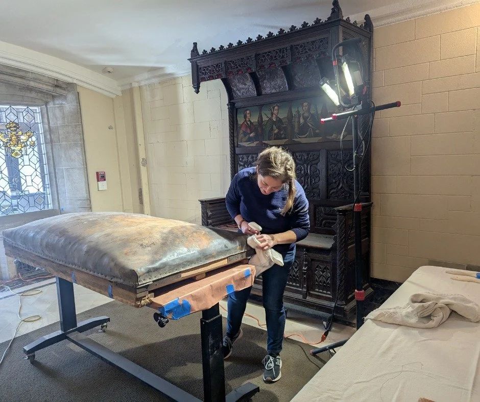 What is Tamsen, our Head of Conservation and Collections, up to?
ㅤ
She's cleaning the Bowling Alley's original leather pit cushion.
ㅤ
#FairLane #Dearborn #HistoricHome #HistoricRestoration