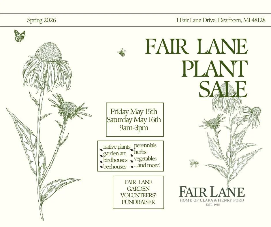 Please join us at Fair Lane for our annual Plant Sale, hosted by our dedicated Garden Volunteers.
ㅤ
🗓 Friday, May 15, 2026, and Saturday, May 16, 2026
⏰ 9 AM &ndash; 3 PM
ㅤ
Whether you're looking to refresh your garden or enjoy a spring day on the E