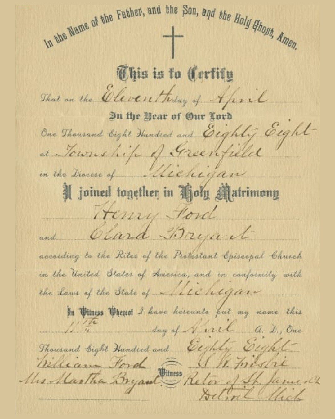 Today, we are also celebrating the wedding anniversary of Henry and Clara Ford. Married in 1888, they built a life grounded in shared values, resilience, and quiet dedication to one another.
ㅤ
Henry and Clara's wedding ceremony was conducted by the R