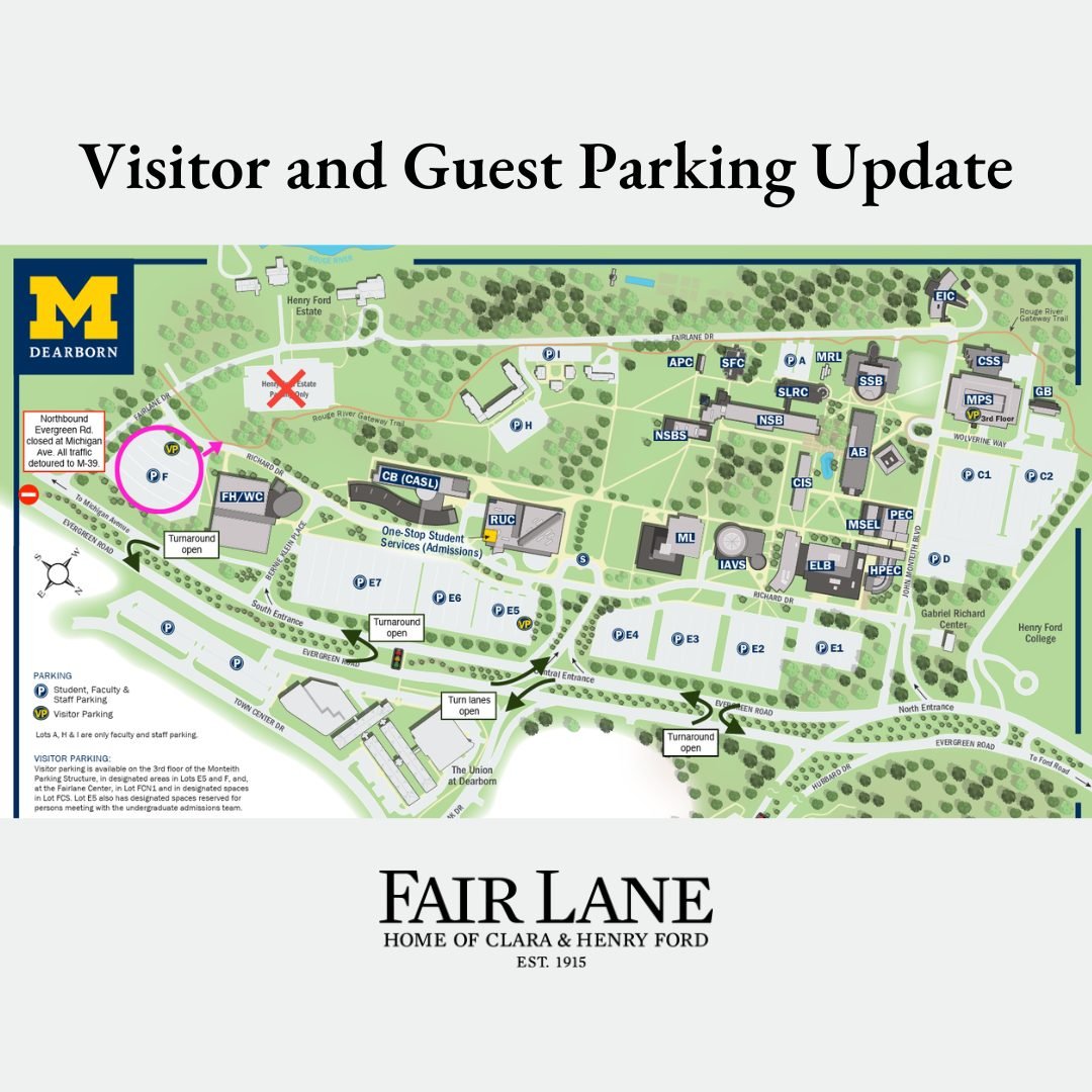 Beginning on June 1, Fair Lane&rsquo;s Parking Lot G will be closed as we make much-needed improvements.
ㅤ
During this time, all visitors and guests should park in Lot F. From Lot F, please cross Richard Drive to access the asphalt pathway (Gateway T