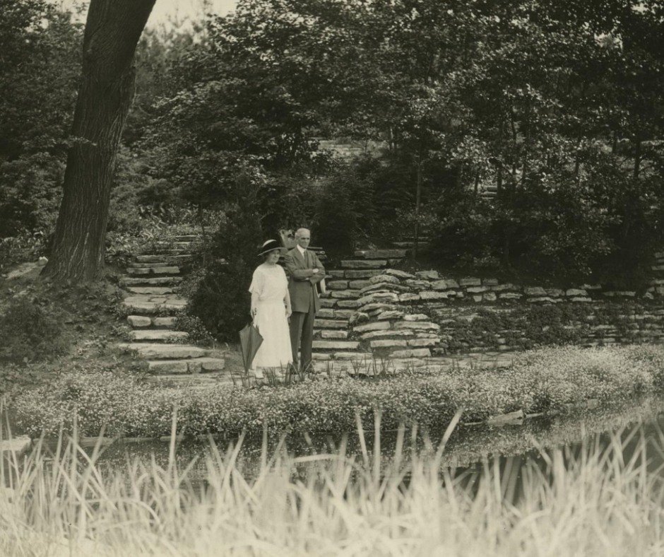 As Henry and Clara Ford developed Fair Lane, they enlisted renowned landscape architect Jens Jensen to design the estate's grounds. Jensen created a landscape filled with meadows, gardens, orchards, grottoes, winding paths, and other natural spaces f