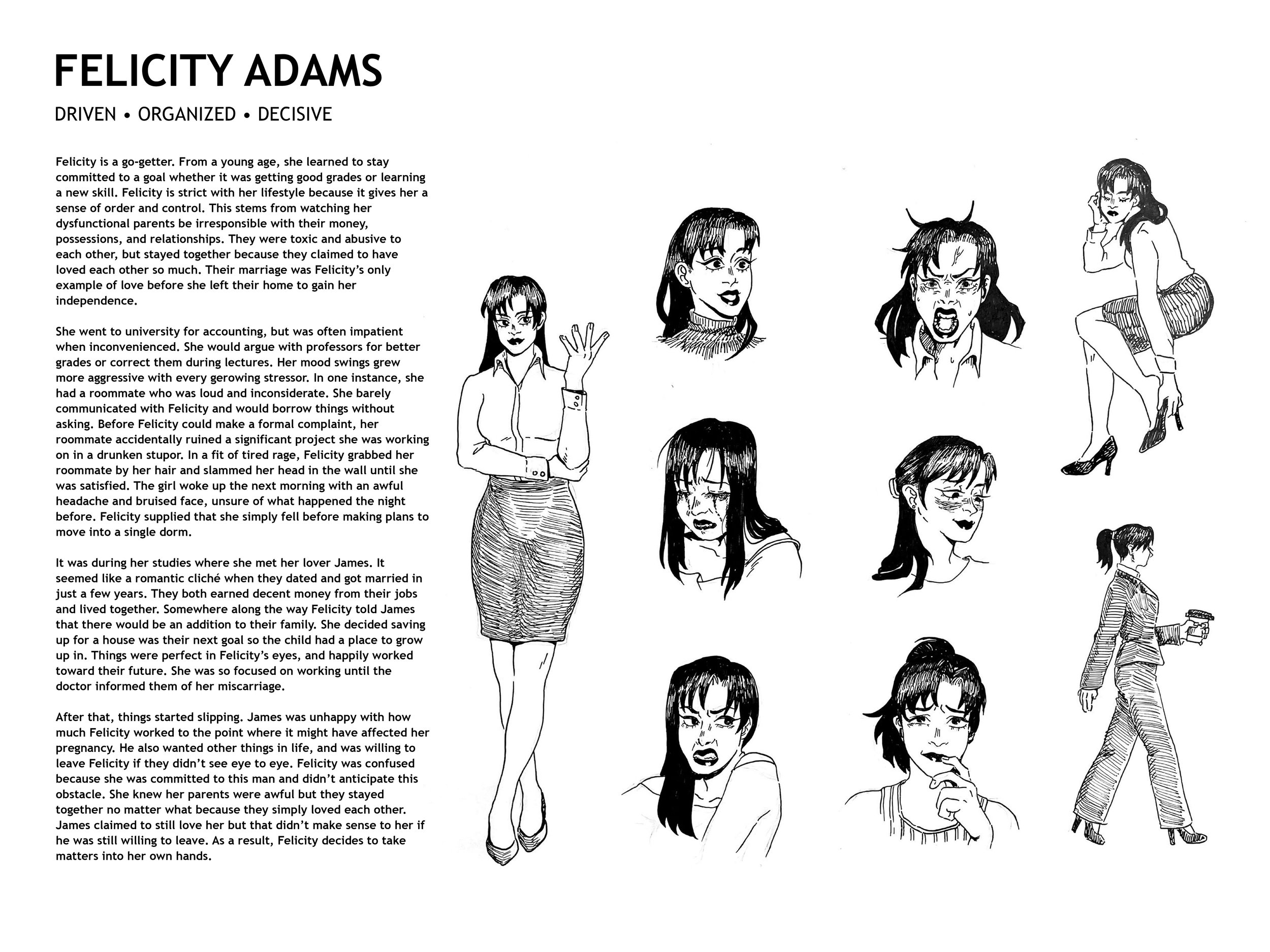 Felicity Adams Character Sheet, Ink, 2023