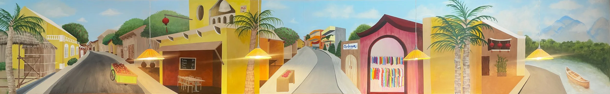 PhoLy Restaurant Mural, 2019, Mixed Media Paint, 360" x 60"