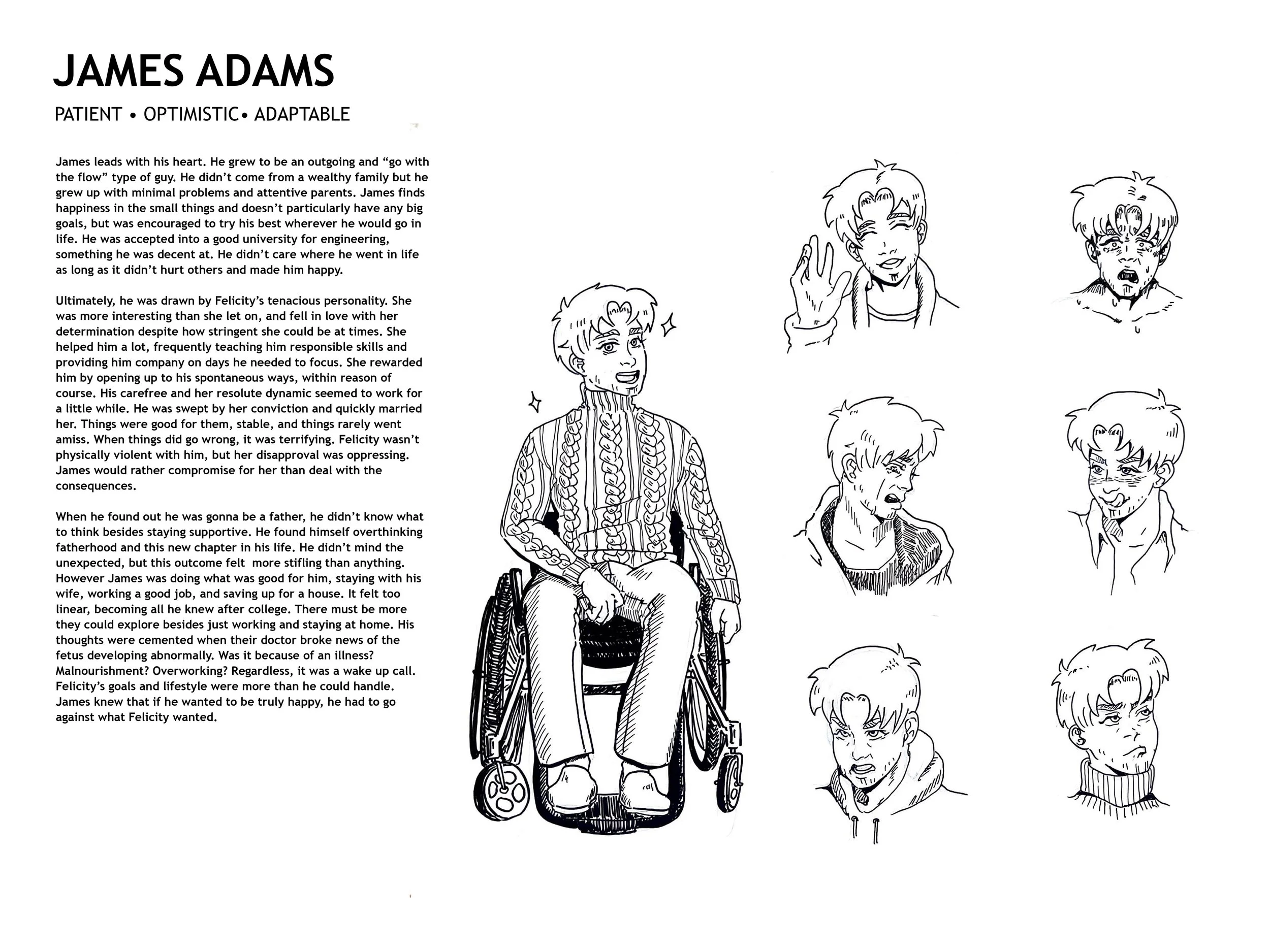 James Adams Character Sheet, Ink, 2023