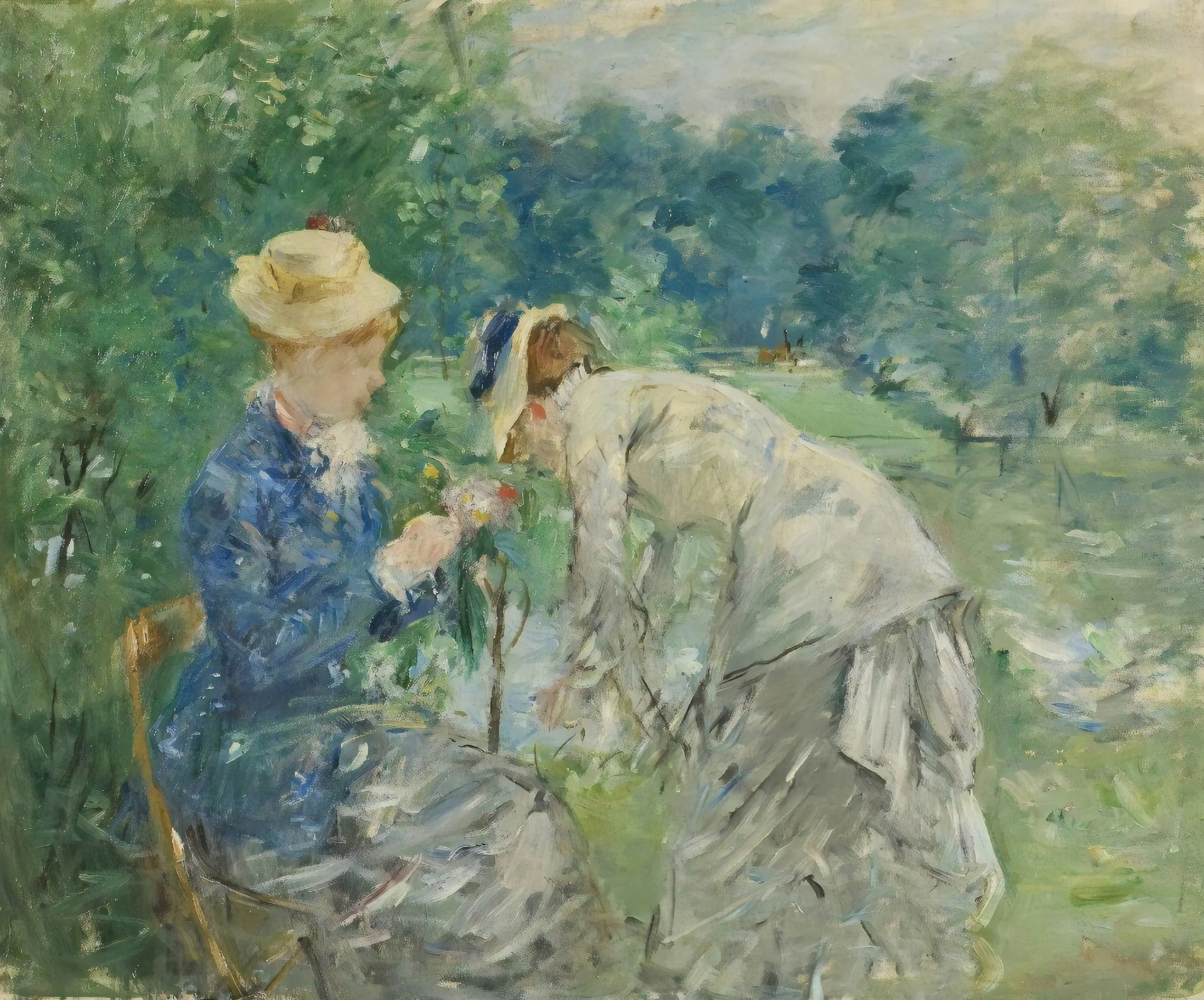 Impressionist painting of two women in a garden, representing Christian women best suited for this membership