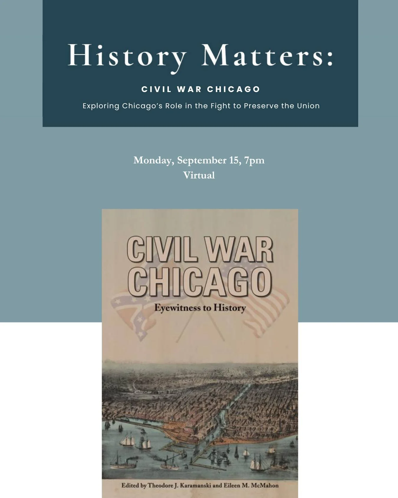 The first fall History Matters program is a week from today. Join us on Zoom, September 15, 7pm. Register at https://cooklib.libnet.info/event/13961839 or call the Cook Library at 847-362-2330.