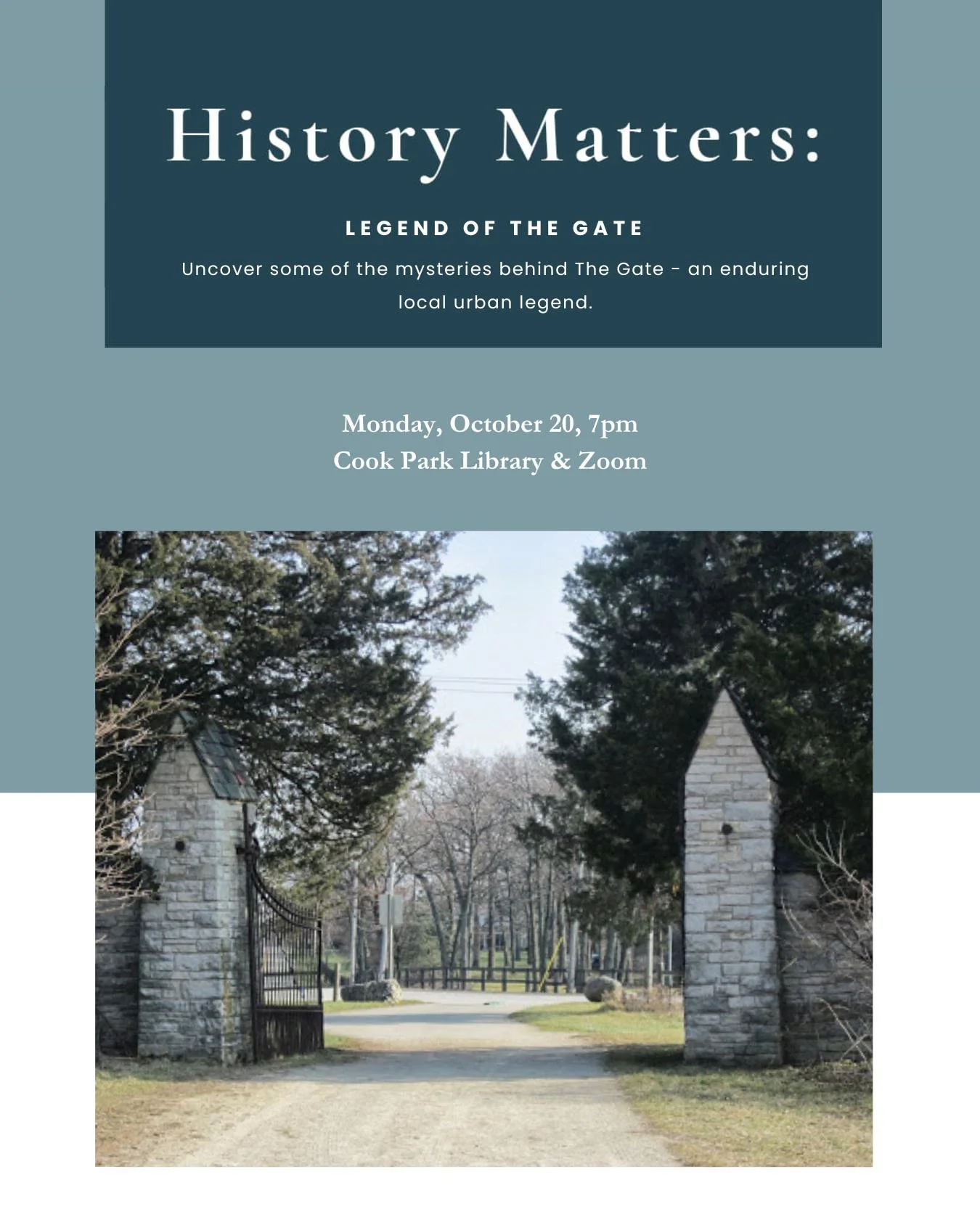 There's lots of stories about the gate on River Road. Attend  our October History Matters program in-person or on Zoom as we uncover some of the mysteries behind The Gate. Register at https://cooklib.libnet.info/event/14006744 or call the Cook Park L