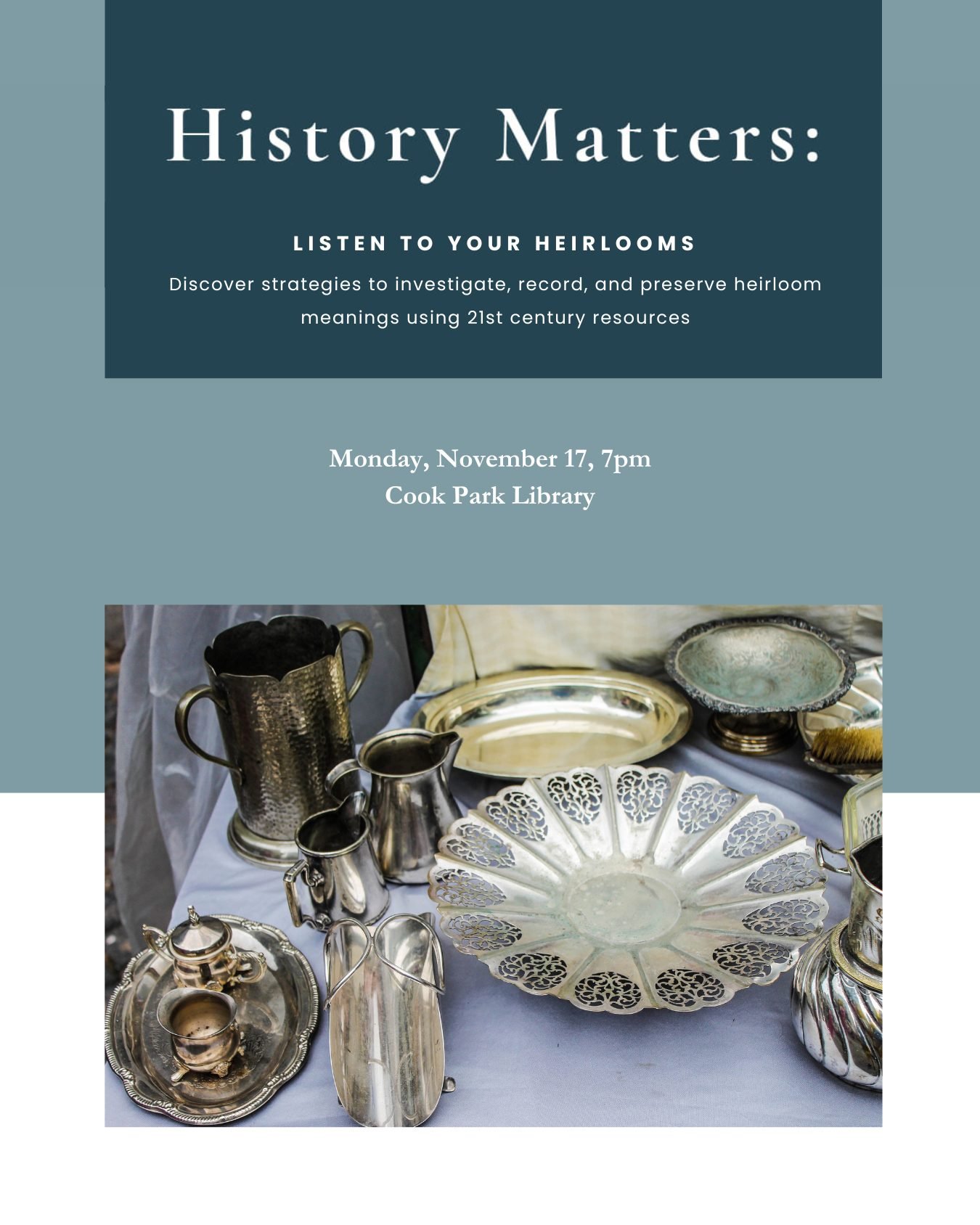 Discover strategies to investigate, record, and preserve heirloom meanings using 21st-century resources. Attendees may bring a handheld item of their own for discussion. Sorry, no appraisals at this event. In-person only. Register at cooklib.org/even