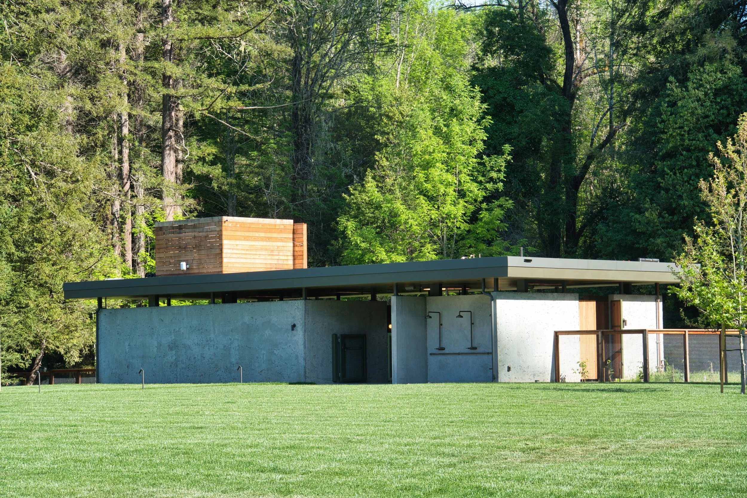 Modern building with gray concrete walls, flat roof, and wooden accents, surrounded by a large grassy area and trees.