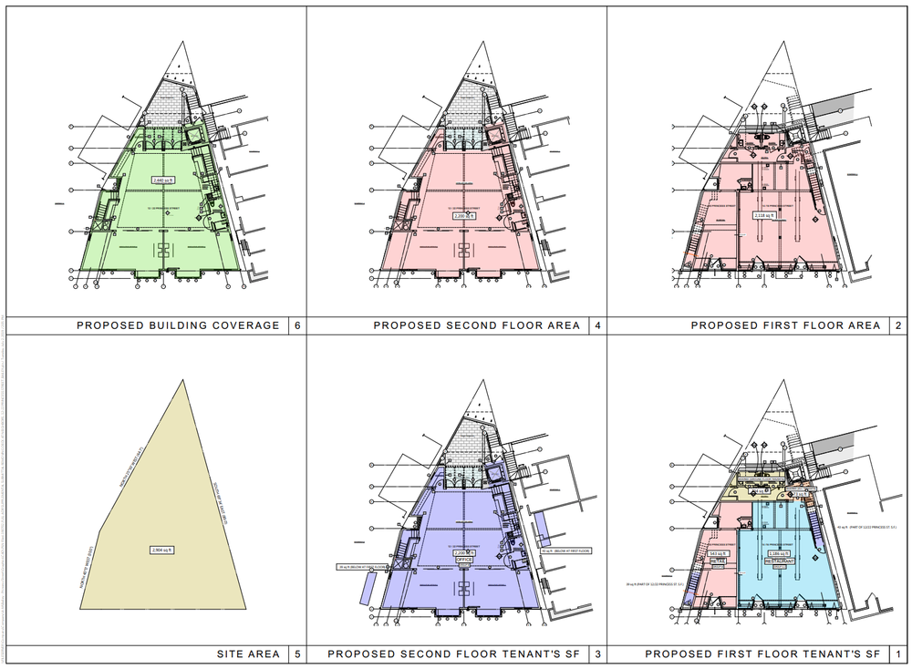Architectural floor plans for a building, including coverage, site area, and proposed second and first floor layouts, each with different room arrangements and color codes.