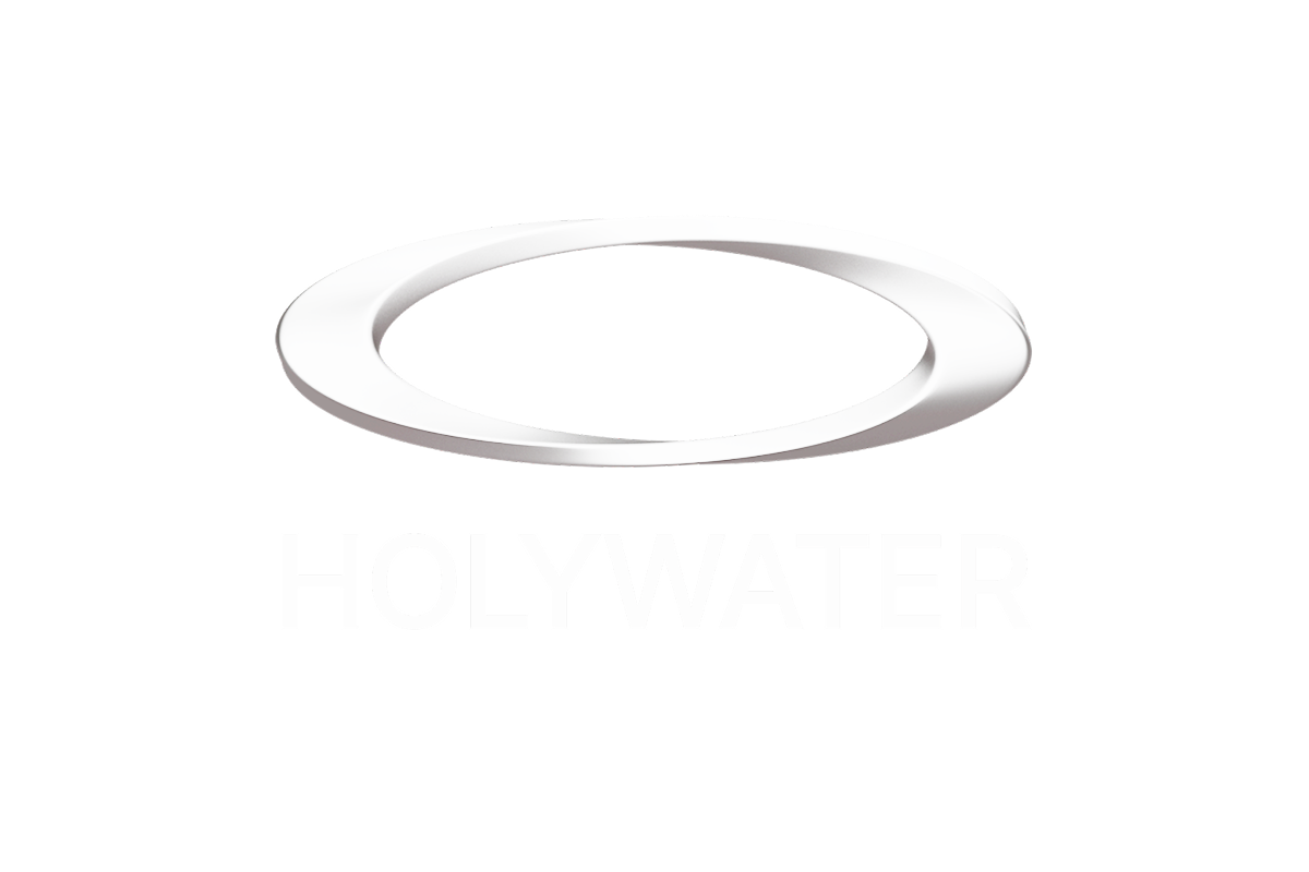 The image features a metallic, elliptical ring logo above the word "HOLY WATER" in bold, white capital letters.