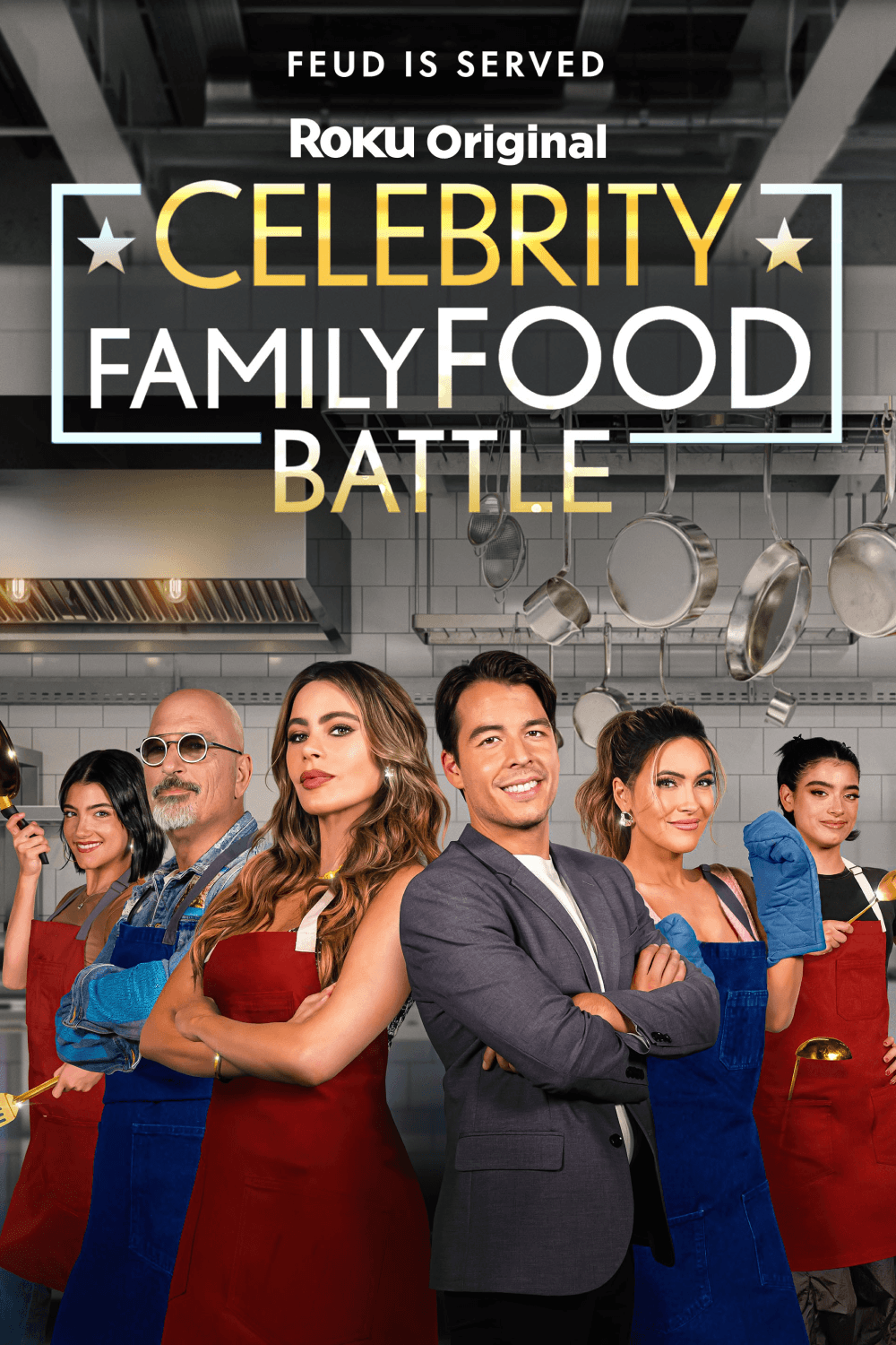 Promotional poster for a cooking competition titled 'Celebrity Family Food Battle,' featuring five contestants in a professional kitchen with hanging pots and pans, and text indicating the event is a 'Feud is Served' on Roku Original.